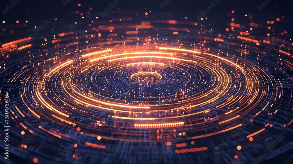 Poster abstract digital image featuring concentric circles of glowing light, creating a sense of movement a