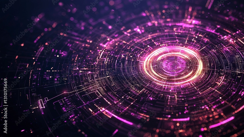 Poster abstract digital design featuring vibrant pink and purple circular patterns on a dark background, ev