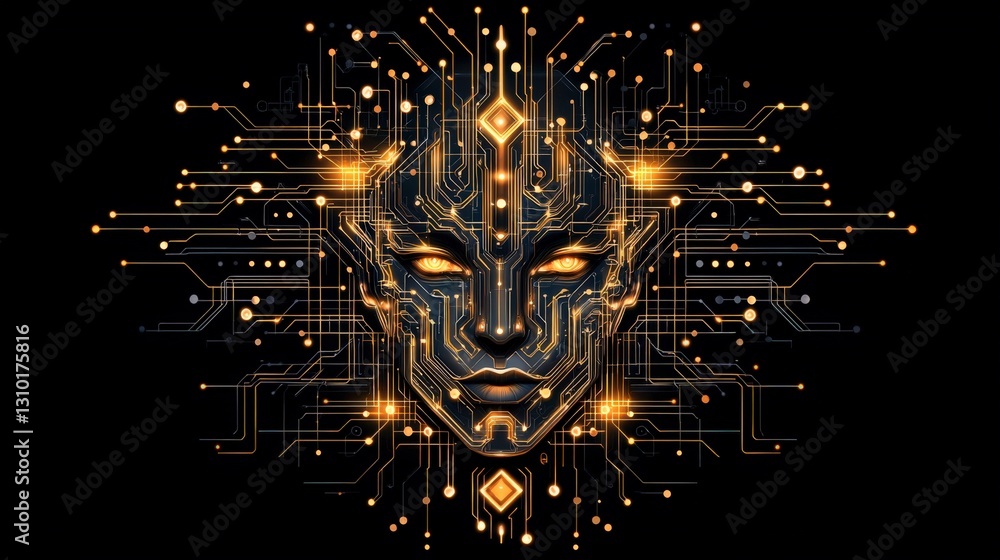 Poster futuristic digital face design with intricate circuitry and glowing elements, emphasizing technology