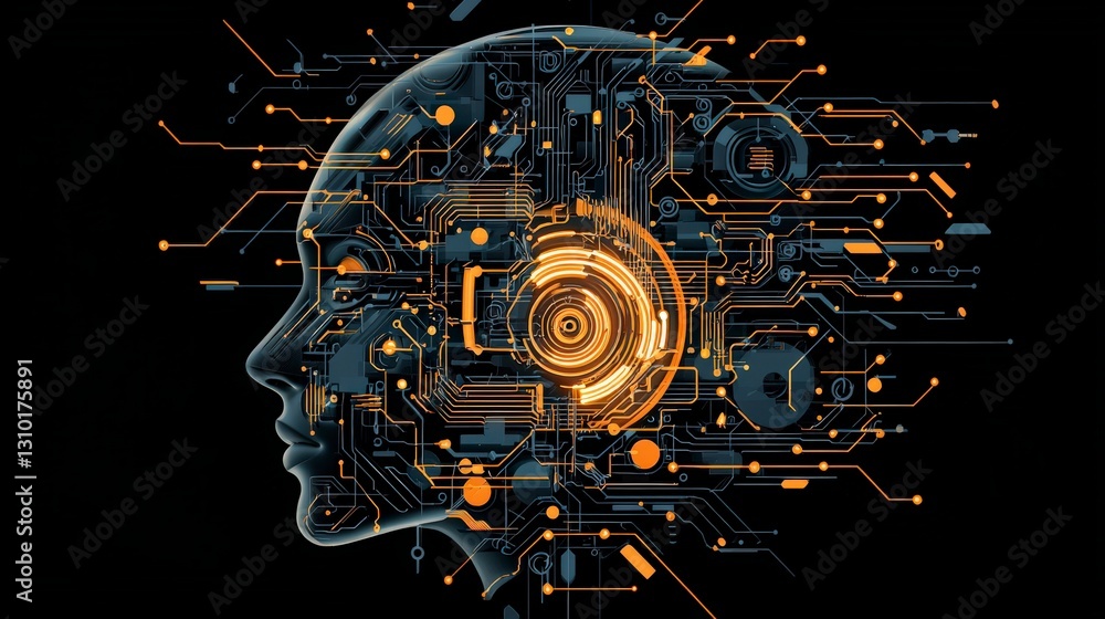 Poster futuristic head silhouette composed of intricate circuits and glowing elements, symbolizing technolo