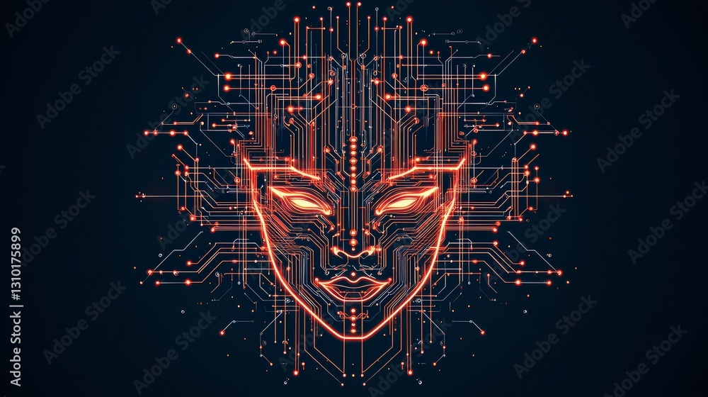 Poster abstract artwork depicting a digital face formed by circuit patterns and glowing lines on a dark bac