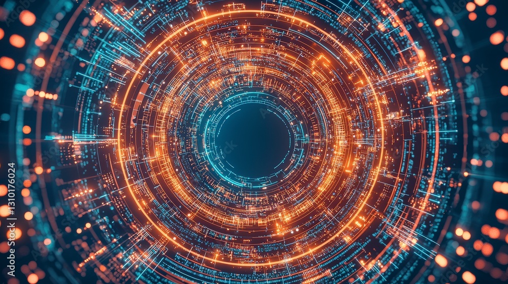Poster abstract digital vortex with glowing circles and dynamic light trails in blue and orange tones.