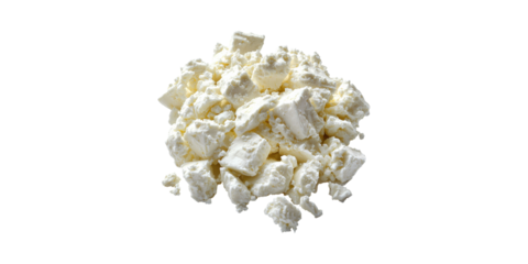 Crumbled cottage cheese curds pile isolated on transparent background