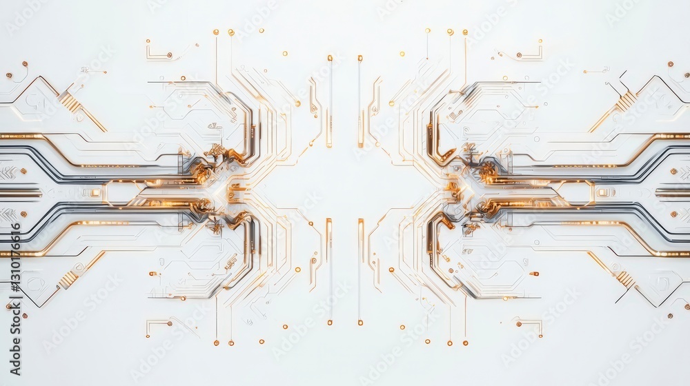 Poster futuristic abstract design featuring intricate circuit patterns in metallic tones against a light ba