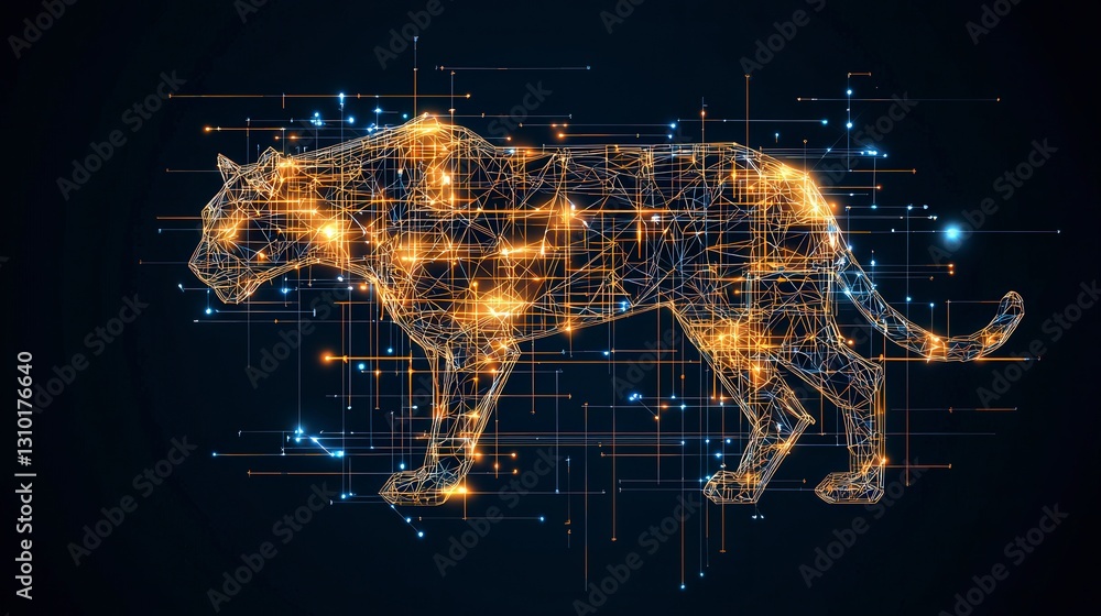 Poster a glowing, digital representation of a leopard created with interconnected lines and dots against a 