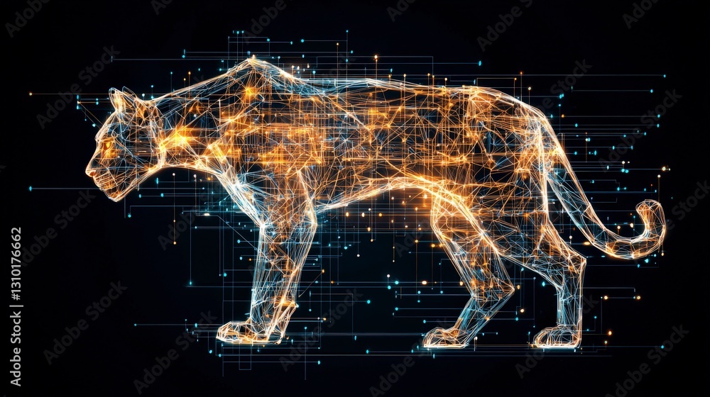 Poster a glowing, digital representation of a leopard with intricate lines and lights against a dark backgr