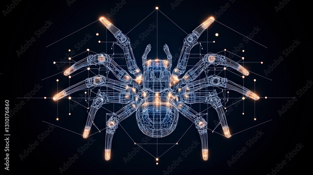 Poster a digital tarantula made of glowing lines and nodes against a dark background, representing technolo