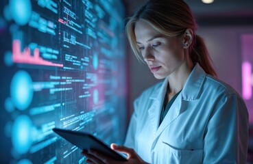 Senior female scientist analyzes coding overlay, digital science data on tablet screen. Medical research in laboratory of biotechnology, modern tech. Scientific investigation, futuristic innovation.