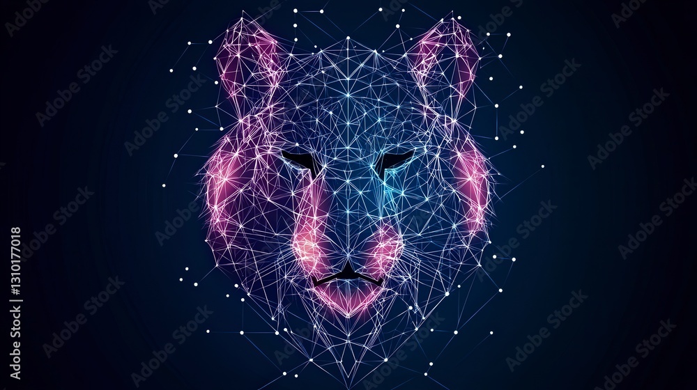 Poster a digital representation of a lion's face created with colorful lights and particles on a dark backg