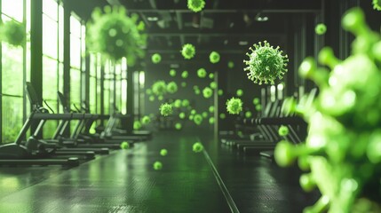 Empty gym with floating virus particles.  The dark interior contrasts with the bright sunlight streaming through the windows, creating a sense of eeriness and the potential for infection.