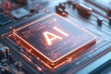 Obraz premium Close-up of an AI-powered microchip glowing on a futuristic circuit board, symbolizing machine learning and advanced computing. 