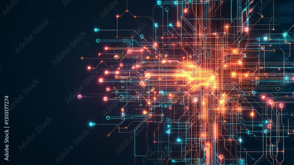 Poster abstract digital design with vibrant lines and glowing particles suggesting technology and innovatio