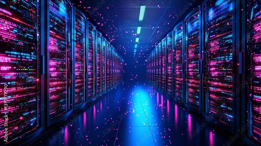 Aufkleber a futuristic data center with illuminated server racks in vibrant blue and pink colors, creating a h