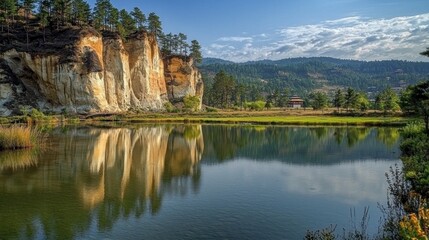 Calm lake reflecting sandstone cliffs, tranquil landscape, peaceful valley