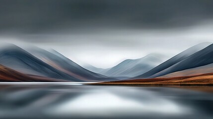   A stunning painting captures a majestic mountain range framed by a tranquil lake in the foreground, with ominous clouds shrouding the dark sky in the background