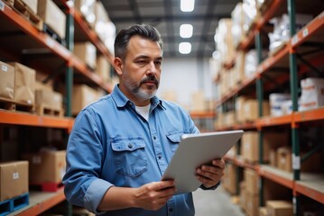 Warehouse manager using digital tablet checking inventory in large distribution center