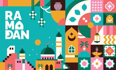 Fototapeta premium collection of colorful ramadan kareem icons and islamic themed pattern illustrations