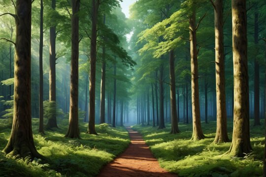 painting of a path in a forest with tall trees and green grass