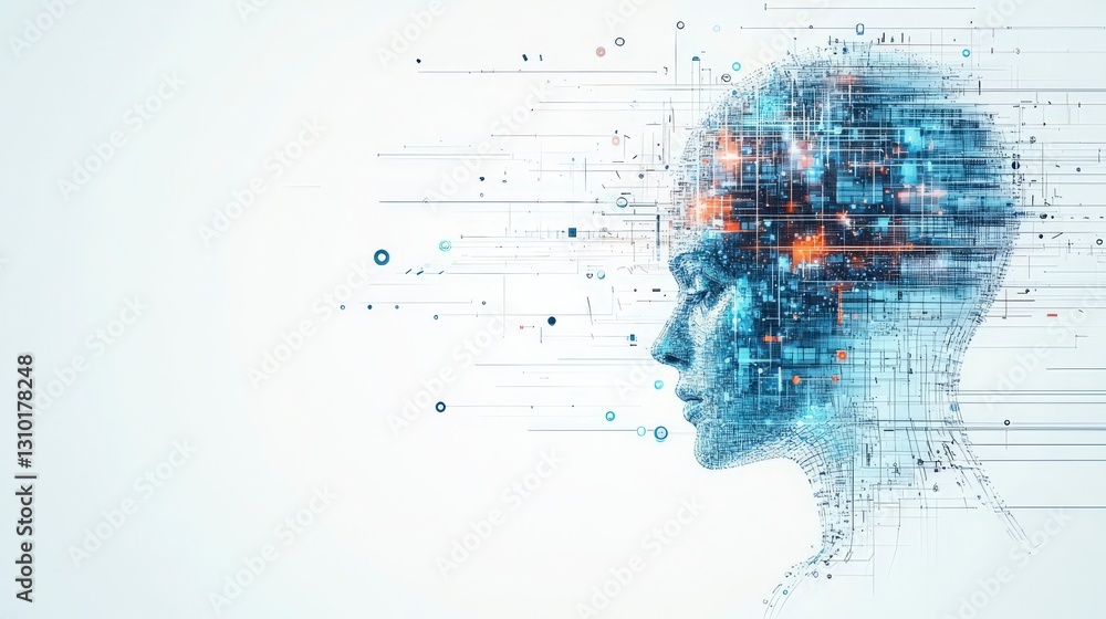 Poster digital art representation of a human head composed of abstract lines and glowing elements, symboliz
