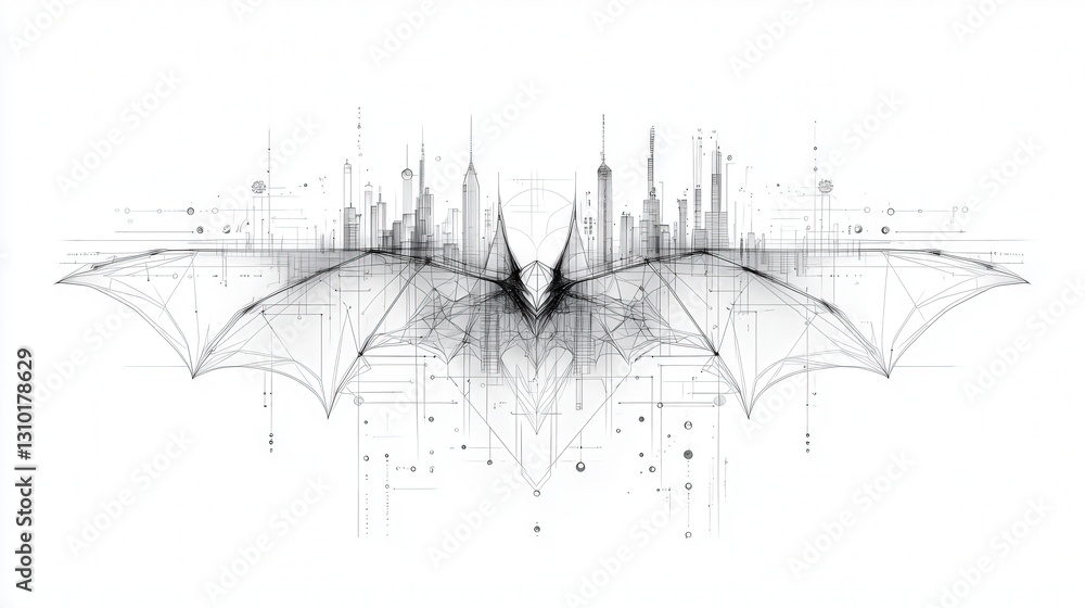 Poster abstract black and white bat design resembling a bat silhouette with intricate lines and patterns.