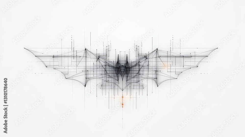 Poster abstract wireframe bat design featuring a symmetrical shape with intricate lines and patterns in bla