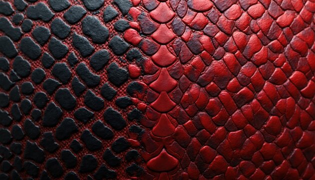Artificial snake skin texture pattern in red, black. Reptile leather background. Dragon scale close-up. Fashionable vibrant snakeskin material for clothing, accessories, interior, print production.