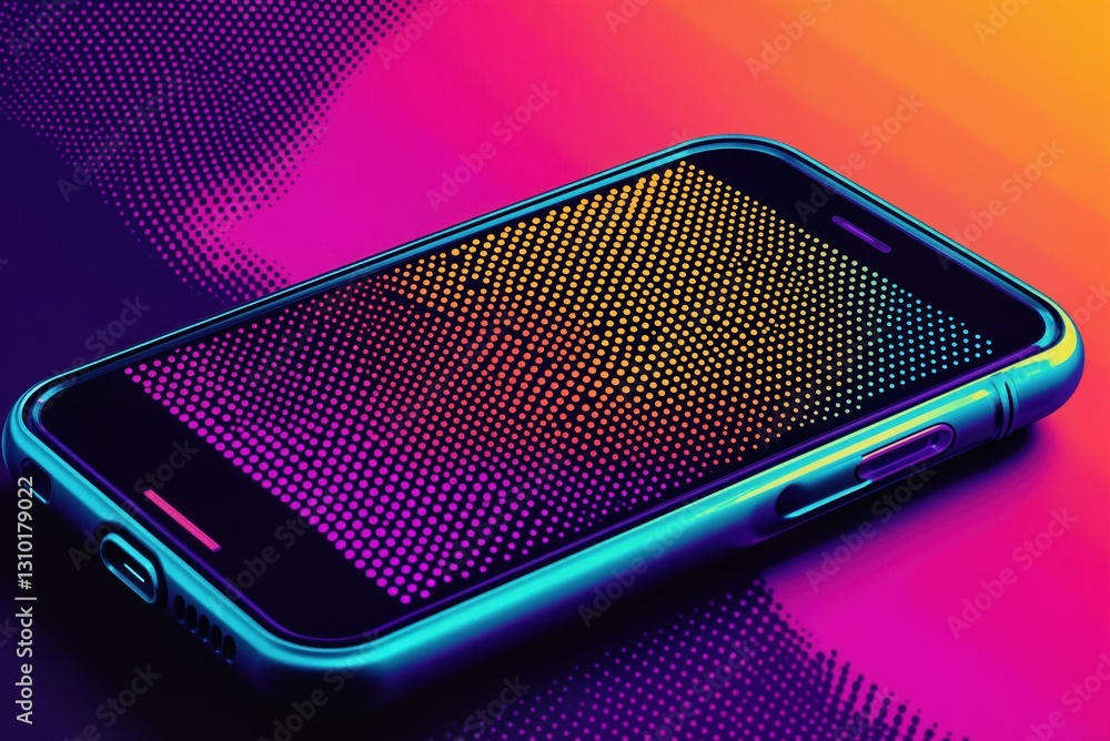 Poster modern smartphone displaying an abstract colorful dotted pattern on a vibrant, gradient background