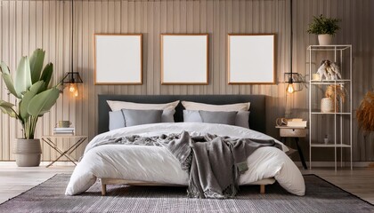 Modern 3D Render Sophisticated Frame Mockup Enhances Warm Minimalist Gallery Wall in a Contemporary Bedroom Interior, Invoking a Sense of Elegant Calm and Timeless Style.