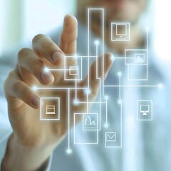 A hand interacts with a futuristic digital interface, featuring a network of icons and glowing connections, symbolizing technology and innovation.