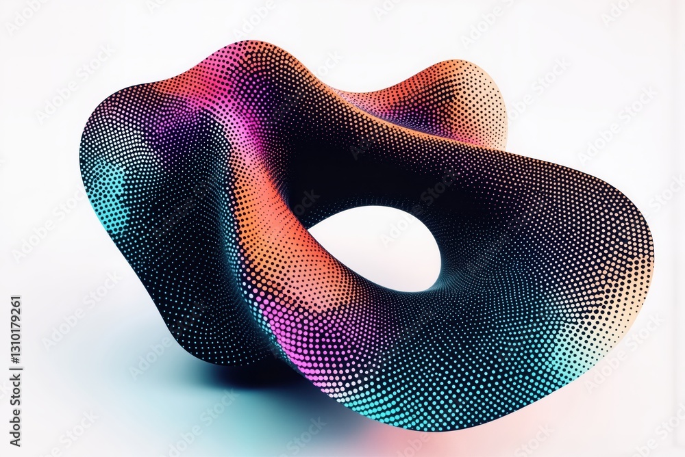 Poster abstract colorful wavy torus with halftone pattern rotating on white background, generating a mesmer