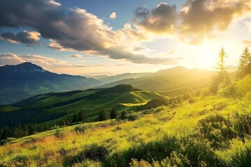 Obraz premium Golden Vista: Panoramic view of rolling hills and valleys under a golden sky, sunlight casting warm glow over lush, vibrant green vegetation 