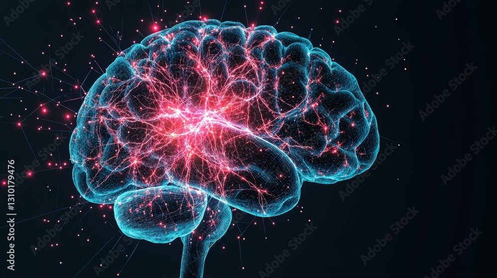 Poster digital rendering of a glowing brain with vibrant colors, symbolizing creativity, intelligence, and 