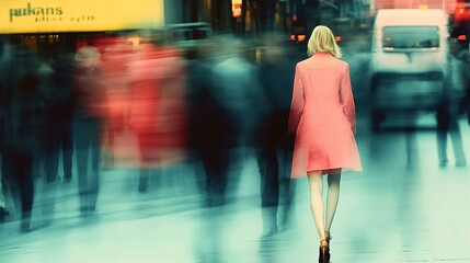 Walking people in city  soft motion, abstract art with blur and motion effect, postmodernism style