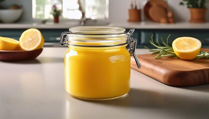 Antique Ghee Glass Jar Mockup Adding a Rustic Touch to Modern Kitchen Scenes with Warm Light and Textured Background, Perfect for Digital Art, Home Decor, or Design Inspiration.