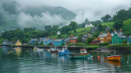 Naklejka premium Colorful harbor village with boats, misty mountains, and fog