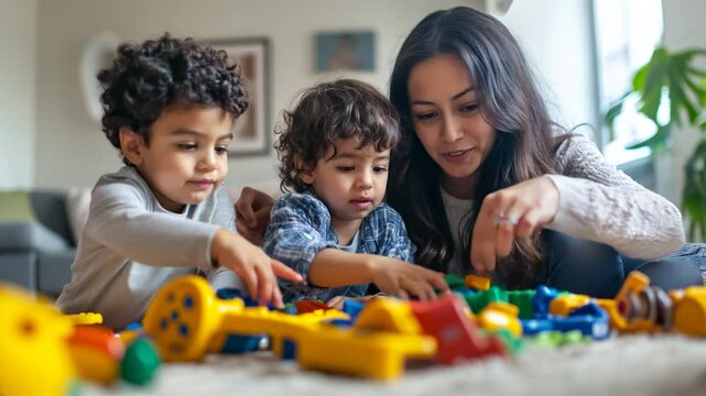 Loving Latina mother playing with her two young children using colorful building toys, sharing joy and family bonding at home. Video made using Generative AI.