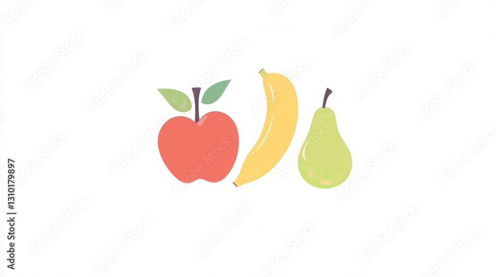 Aufkleber Modern minimalist fruit design featuring abstract apple, banana, and pear on a clean white background with subtle shadows