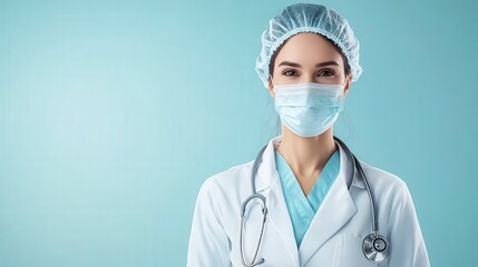 A healthcare professional wearing a mask and surgical cap, smiling confidently against a light blue background.