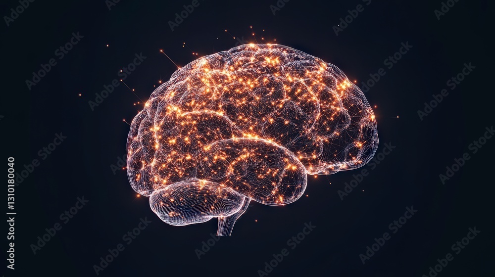 Poster a glowing, abstract representation of a brain made of interconnected lights and particles, symbolizi