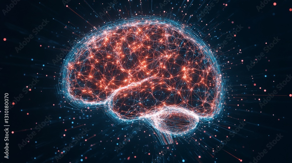 Poster digital representation of a brain composed of glowing particles, symbolizing intelligence, technolog