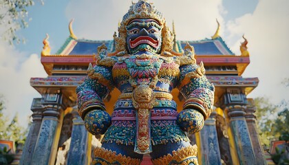 Naklejka premium Colorful Giant Statue Stands Before Temple