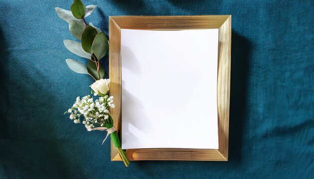 Elegant Gold Frame Showcasing a Minimalistic White Blank Paper Wedding Table Number Menu, Set Amidst a Cozy, Softlit Scene Perfect for Upcoming Bridal Affairs.