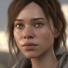 Fototapeta premium A highly detailed, hyper-realistic close-up portrait of an AI-generated human face. This digital artwork features lifelike skin textures, expressive eyes, and natural lighting.