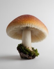 A single, majestic mushroom stands against a stark white background.