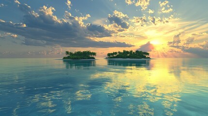 Tropical islands at sunset reflecting in calm ocean water