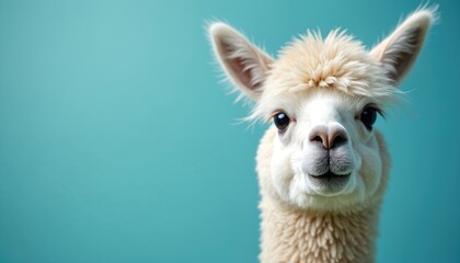 Obraz premium Close up portrait of funny white alpaca on blue background. Cute llama portrait. Fluffy animal from South America. Wool production concept. Soft fur texture on head and neck. Animal looks at camera.
