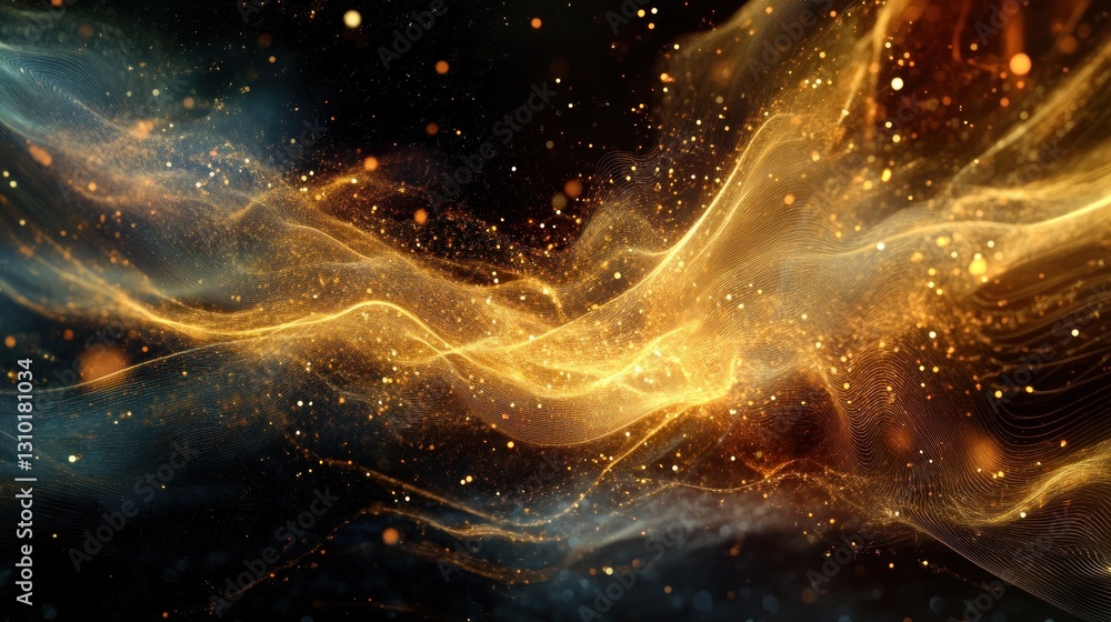 Poster abstract swirling golden energy streams against a dark backdrop. particles and light creating dynami