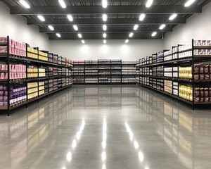 Modern grocery store interior, empty shelves, polished concrete floor