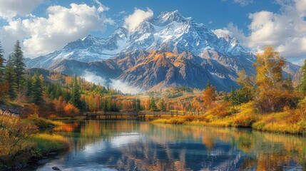 Autumn mountain lake reflection, wooden bridge, morning mist