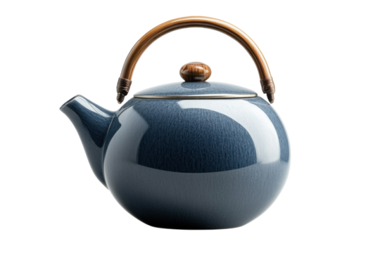 Elegant blue ceramic teapot with wooden handle displayed on a white background ideal for tea enthusiasts and collectors